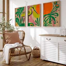Tropical Heron Wall Art Set Of 3 - Abstract Jungle Print Vibrant Green & Orange Bird Artwork Modern Boho Living Room Decor - thumbnail 2