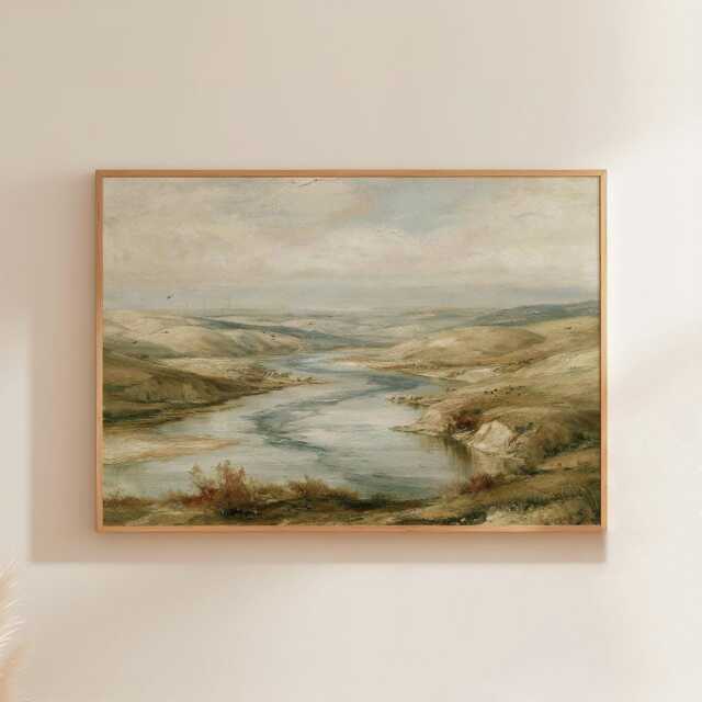 River Valley Poster, Neutral Landscape Wall Art, Wetland Painting - image 1