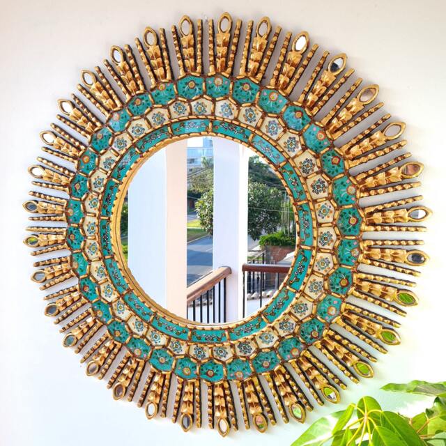 Peruvian Turquoise Eye Mirror 78 cm Handmade Wall Decor - Carved Wood Round Statement For Living Room Bathroom Entryway - image 1