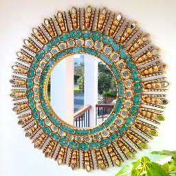 Peruvian Turquoise Eye Mirror 78 cm Handmade Wall Decor - Carved Wood Round Statement For Living Room Bathroom Entryway - thumbnail 1