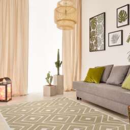 Geometric Beige Linoleum Rug Printed On PVC Art Mat. Vinyl Carpet With Modern Pattern - thumbnail 3