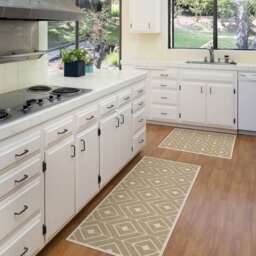 Geometric Beige Linoleum Rug Printed On PVC Art Mat. Vinyl Carpet With Modern Pattern - thumbnail 2