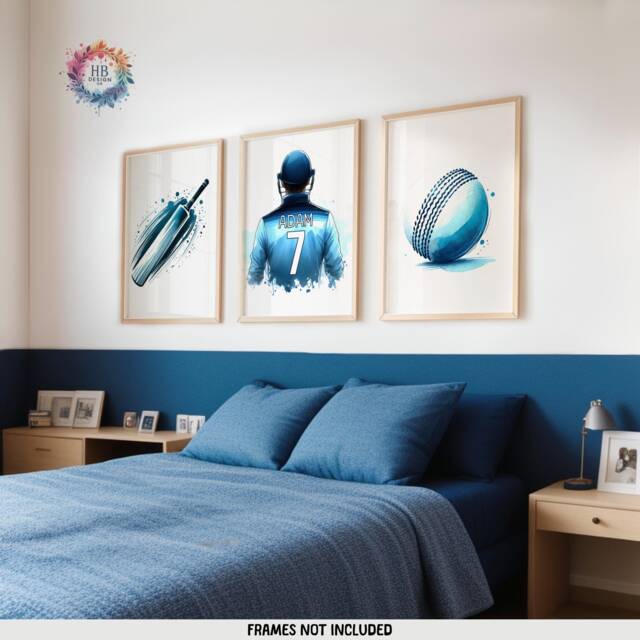 Personalised Cricket Print - Set Of 3 Posters - Boys Bedroom Decor Kids Room Wall Art Light Blue Cricketer Artwork Custom Teen Gifts - image 1