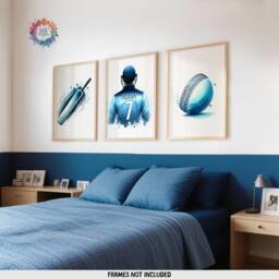 Personalised Cricket Print - Set Of 3 Posters - Boys Bedroom Decor Kids Room Wall Art Light Blue Cricketer Artwork Custom Teen Gifts - thumbnail 1