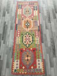 Tribal Wool Runner, Handmade Artisan Afghan Turkish Persian Qashqai Moroccan Navajo Flatweave, Natural Kilim Rug 237x79 cm - thumbnail 1