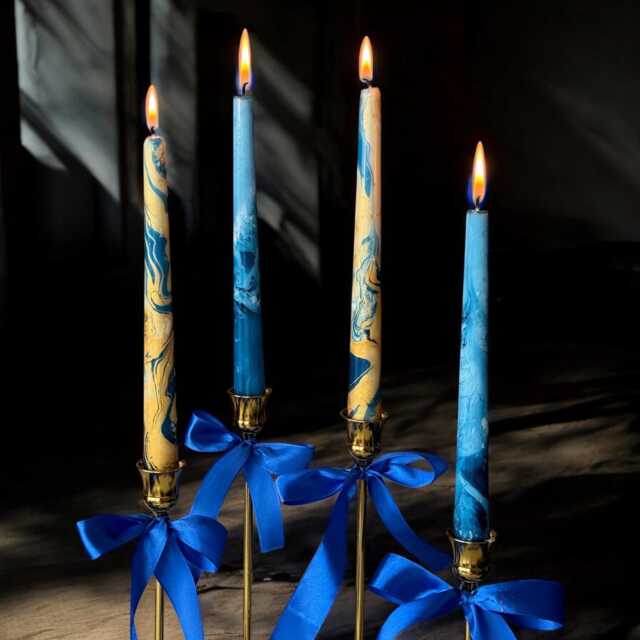 Gold Royal Blue Marble Candles, Tall Taper Candle Set, Dinner Candles, Gold Dark Blue Home Decor, Wedding Candle, Christmas Pillar Gift - image 1
