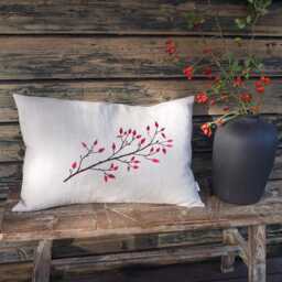 Linen Cushion Rosehips Embroidered Cover, Linen Natural Beige-Grey Many Sizes Autumnal Christmas Decoration Embroidery Brown Red - thumbnail 1