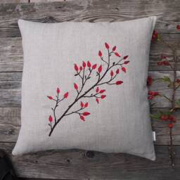 Linen Cushion Rosehips Embroidered Cover, Linen Natural Beige-Grey Many Sizes Autumnal Christmas Decoration Embroidery Brown Red - thumbnail 3