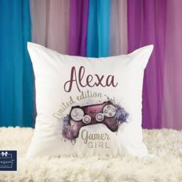 Personalised Gamer Girl Cushion, Gaming Gift For Girls, Turquoise Pink Purple Teenage Gift, Girls Bedroom - thumbnail 2