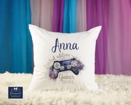 Personalised Gamer Girl Cushion, Gaming Gift For Girls, Turquoise Pink Purple Teenage Gift, Girls Bedroom