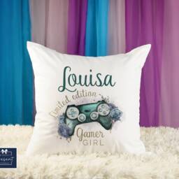 Personalised Gamer Girl Cushion, Gaming Gift For Girls, Turquoise Pink Purple Teenage Gift, Girls Bedroom - thumbnail 3