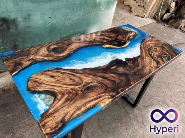 Personalized Live Edge Resin Dining Table Blue Ocean Epoxy, Reclaimed Wood - image 1