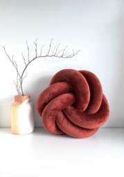 Decorative Terracotta Velvet Knot Pillow in Flat Round Celtic Scandinavian Style Housewarming Gift - thumbnail 1