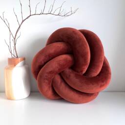 Decorative Terracotta Velvet Knot Pillow in Flat Round Celtic Scandinavian Style Housewarming Gift - thumbnail 2