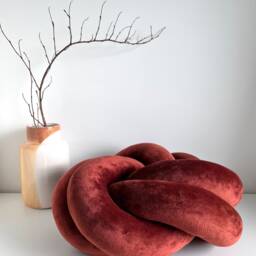 Decorative Terracotta Velvet Knot Pillow in Flat Round Celtic Scandinavian Style Housewarming Gift - thumbnail 3