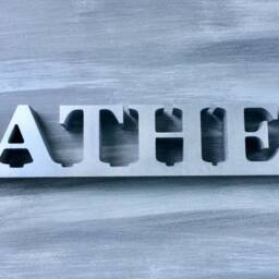 Farmhouse Gather Sign, Wood Shelf Decor, Sitter, Standing Letter Tabletop, Mantel Silver - thumbnail 3