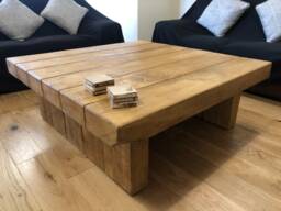Hand-Crafted Rustic Chunky Oak Sleeper Coffee Table - Wax Finish Old Pine Stain Solid - thumbnail 1