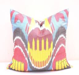 Handmade Silk Cotton Ikat Pillow Cover, Decorative Cushion - 20x20 In - thumbnail 1