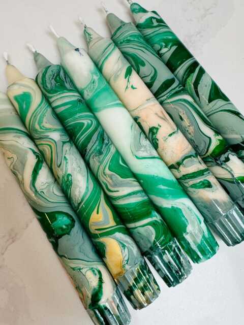 Hand Dipped Green & Gold Dinner Candle Bright Colourful Taper Candle - image 1