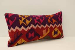 Vintage Kilim Lumbar Pillow Cover, Bohemian Wool Cushion - 10x20 In