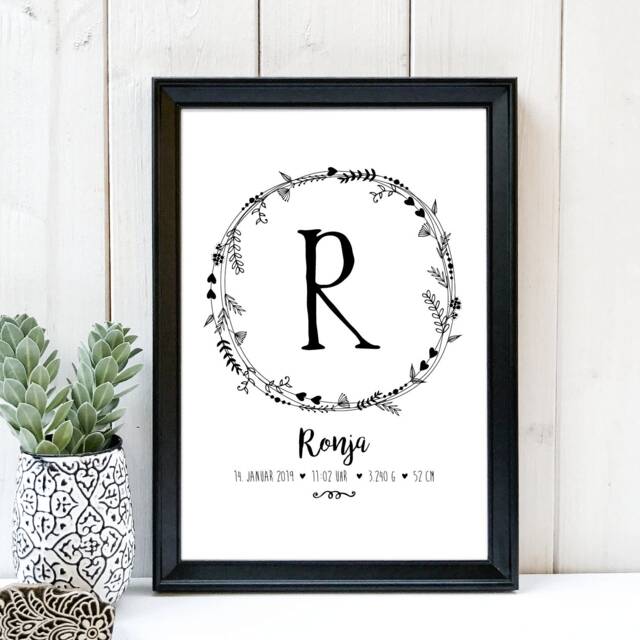 Flower Wreath With Letter, Name & Date Of Birth, A4 Poster Black White - image 1