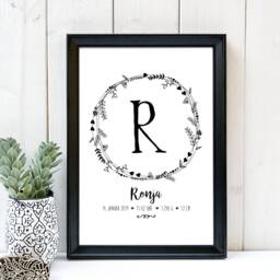 Flower Wreath With Letter, Name & Date Of Birth, A4 Poster Black White - thumbnail 1