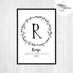 Flower Wreath With Letter, Name & Date Of Birth, A4 Poster Black White - thumbnail 2