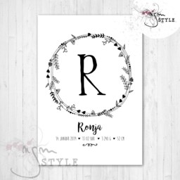 Flower Wreath With Letter, Name & Date Of Birth, A4 Poster Black White - thumbnail 3