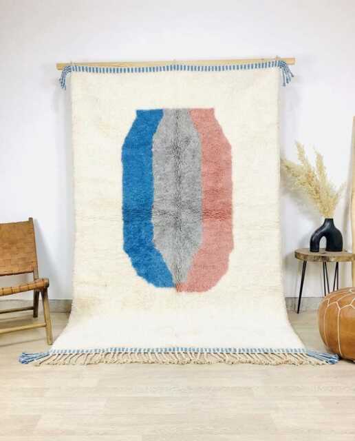 Moroccan White Berber Rug, Boho Nursery Handwoven Wool Shag Abstract Oval Pattern, Authentic Beni Ourain Carpet, Large Area Rug - image 1