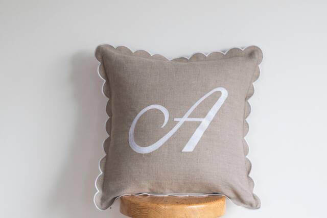 Scalloped Edge Linen Pillow Cover With Big Embroidered Letter A - 16x16 Inches - image 1