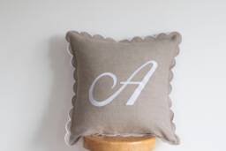 Scalloped Edge Linen Pillow Cover With Big Embroidered Letter A - 16x16 Inches - thumbnail 1
