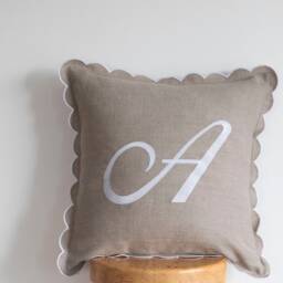 Scalloped Edge Linen Pillow Cover With Big Embroidered Letter A - 16x16 Inches - thumbnail 2