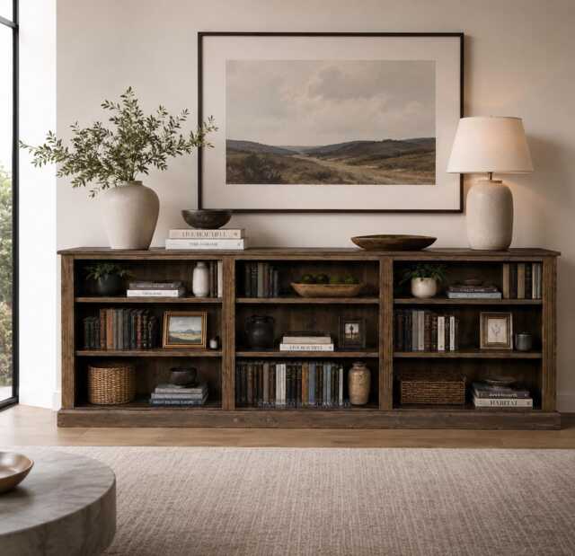 Solid Pine 3 Bay Bookcase, 8Ft Wide Adjustable Shelving Unit, Traditional Storage Bookshelves - image 1