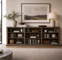 Solid Pine 3 Bay Bookcase, 8Ft Wide Adjustable Shelving Unit, Traditional Storage Bookshelves