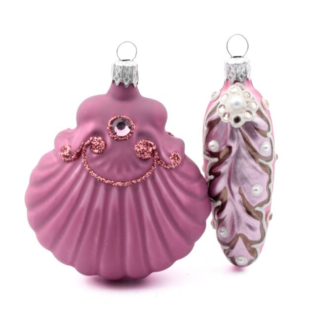 2 Blown Glass Leaf Clamshell Christmas Tree Ornaments Pink Handmade in Czech - image 1