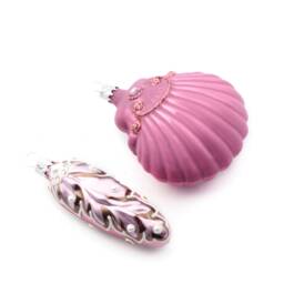 2 Blown Glass Leaf Clamshell Christmas Tree Ornaments Pink Handmade in Czech - thumbnail 3