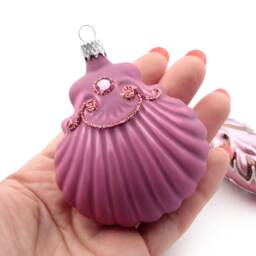 2 Blown Glass Leaf Clamshell Christmas Tree Ornaments Pink Handmade in Czech - thumbnail 2