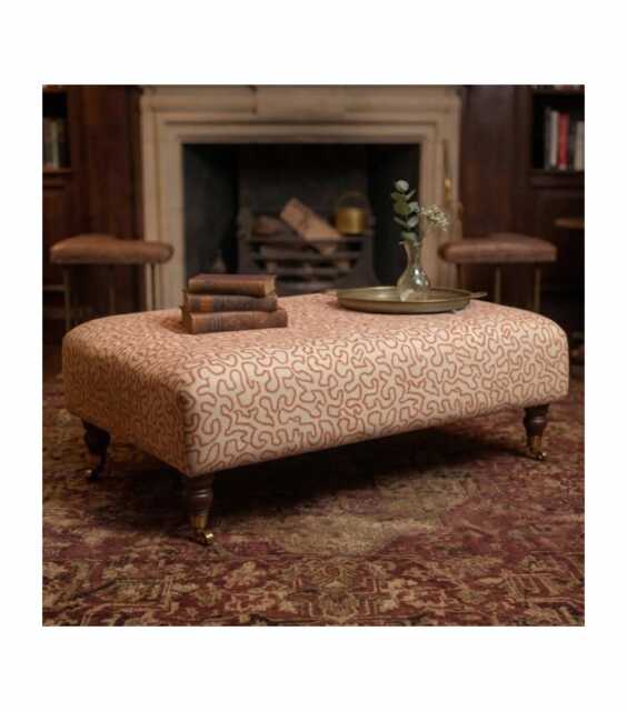 UK Handmade Linwood Wiggle Fabric Upholstered Footstool With Mahogany Wooden Castor Legs, Coffee Table - image 1