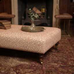 UK Handmade Linwood Wiggle Fabric Upholstered Footstool With Mahogany Wooden Castor Legs, Coffee Table - thumbnail 3