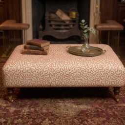 UK Handmade Linwood Wiggle Fabric Upholstered Footstool With Mahogany Wooden Castor Legs, Coffee Table - thumbnail 2