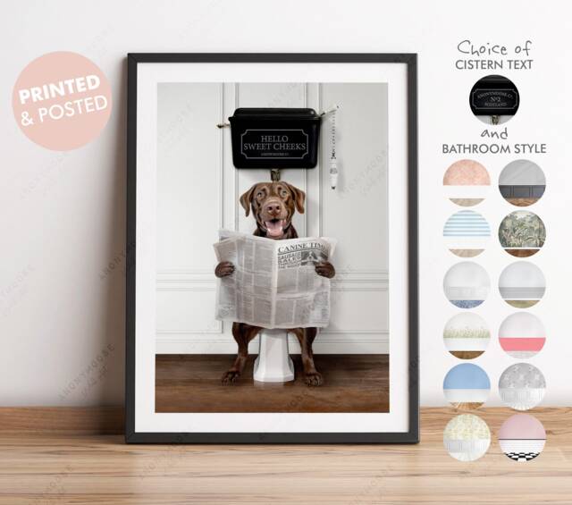 Chocolate Labrador Retriever Dog On Toilet With Newspaper, Victorian Print, Funny Bathroom Toilet, Humour Print - image 1