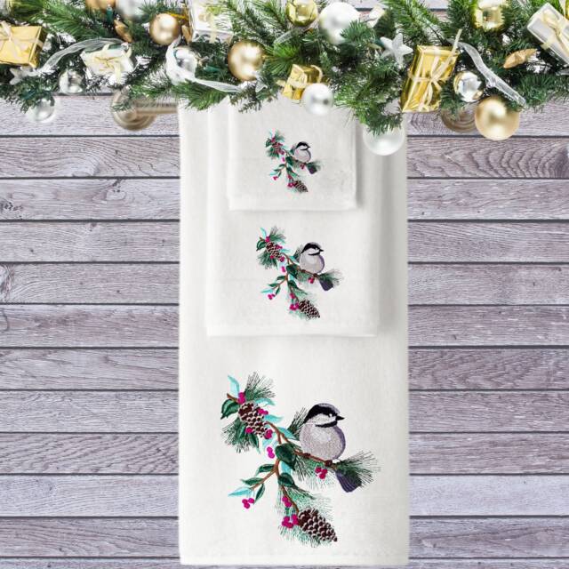 Personalized Christmas Towel Embroidered Bird & Pine, Luxury Cotton - image 1