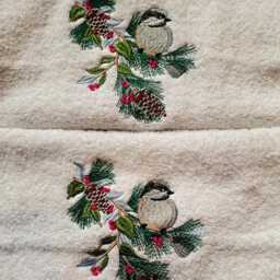 Personalized Christmas Towel Embroidered Bird & Pine, Luxury Cotton - thumbnail 2