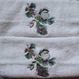 Personalized Christmas Towel Embroidered Bird & Pine, Luxury Cotton - thumbnail 4
