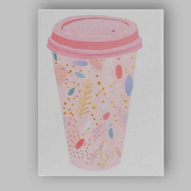 Pink Botanical Reusable Coffee Cup Watercolour Illustration Canvas Wall Art Print Decor Picture Ready To Hang - image 1