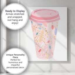Pink Botanical Reusable Coffee Cup Watercolour Illustration Canvas Wall Art Print Decor Picture Ready To Hang - thumbnail 3