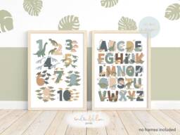 Set Of 2 Dinosaur Prints, Alphabet Numbers Print, Abc Scandi Nursery Educational Playroom Kids Art - thumbnail 1