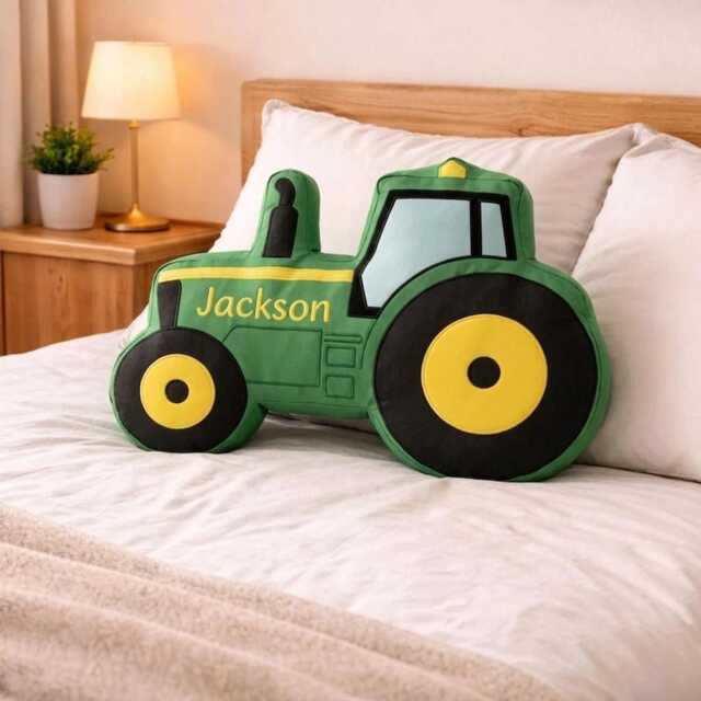 Personalized Excavator Pillow, Custom Names Bulldozer Toddler Nursery Decor, Gift For Boys, Face Shaped Pillow - image 1