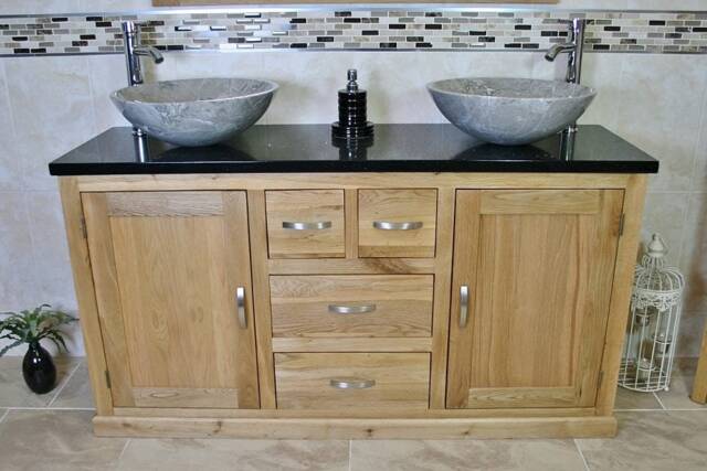 Bathroom Vanity Unit - Solid Oak With Black Quartz Top & Stone Bowl Options 603Bqsbc - image 1