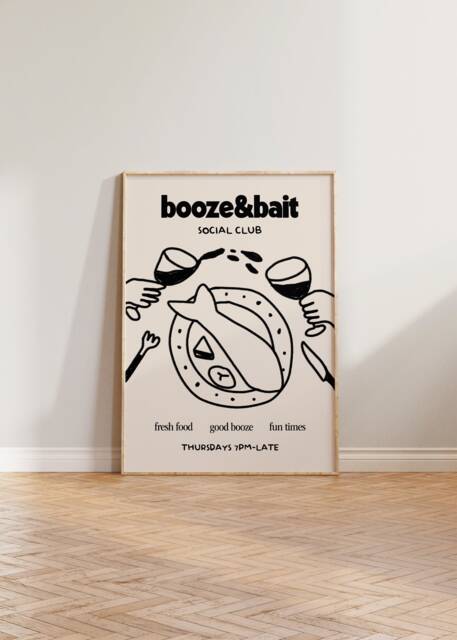 Kitchen Wall Art, Food & Drink Print, Wine Hand Drawn Illustration Booze & Bait Social Club Retro Cool Dining Room Prints - image 1
